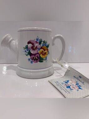 Vintage hallmark pansies stand for thoughts watering can mug with tag